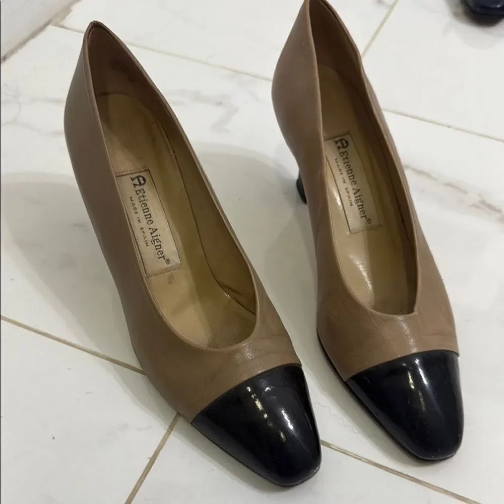 Etienne Aigner Black and Brown Heels Classic Elegance Great Conditio Kitten Heel